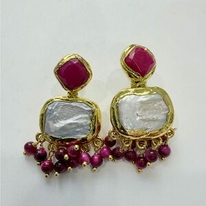 Alexis Bittar Gold-Tone Red Jade  Gemstone & Pearl Fringe Drop Earrings